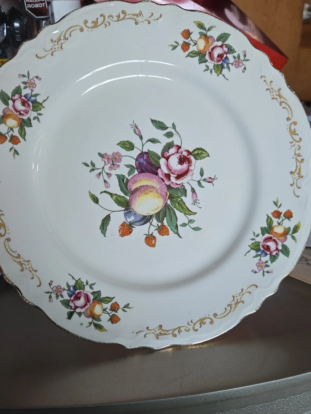 Homer Laughlin Porcelain Plate with Pink Roses, Green Leaves & Gold Scroll
